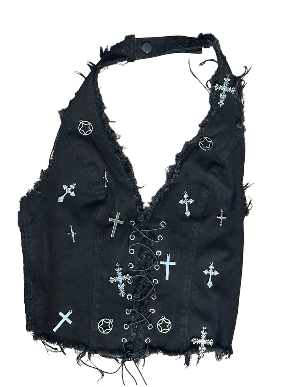 ROMWE Black Lace-Up Corset Halter Top with Silver Star Charms. NWT